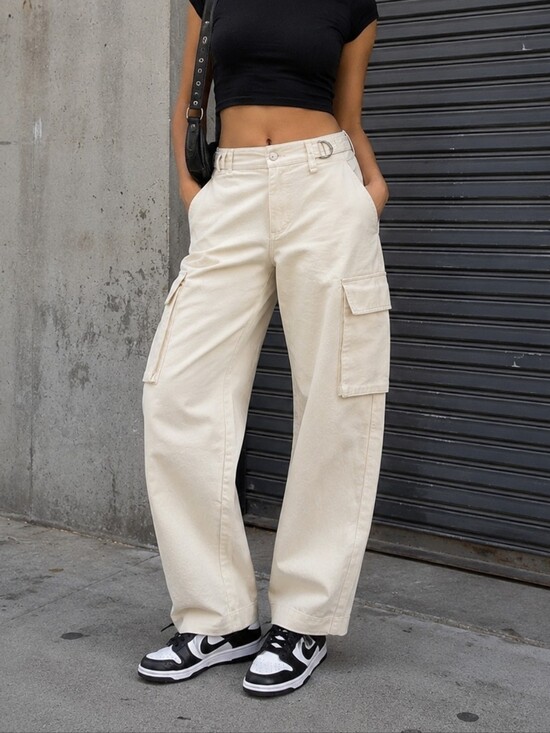 wild fable Pants - Cream Denim Cargo Barrel Leg Pants L High Rise Utility Casual Streetwear Edgy